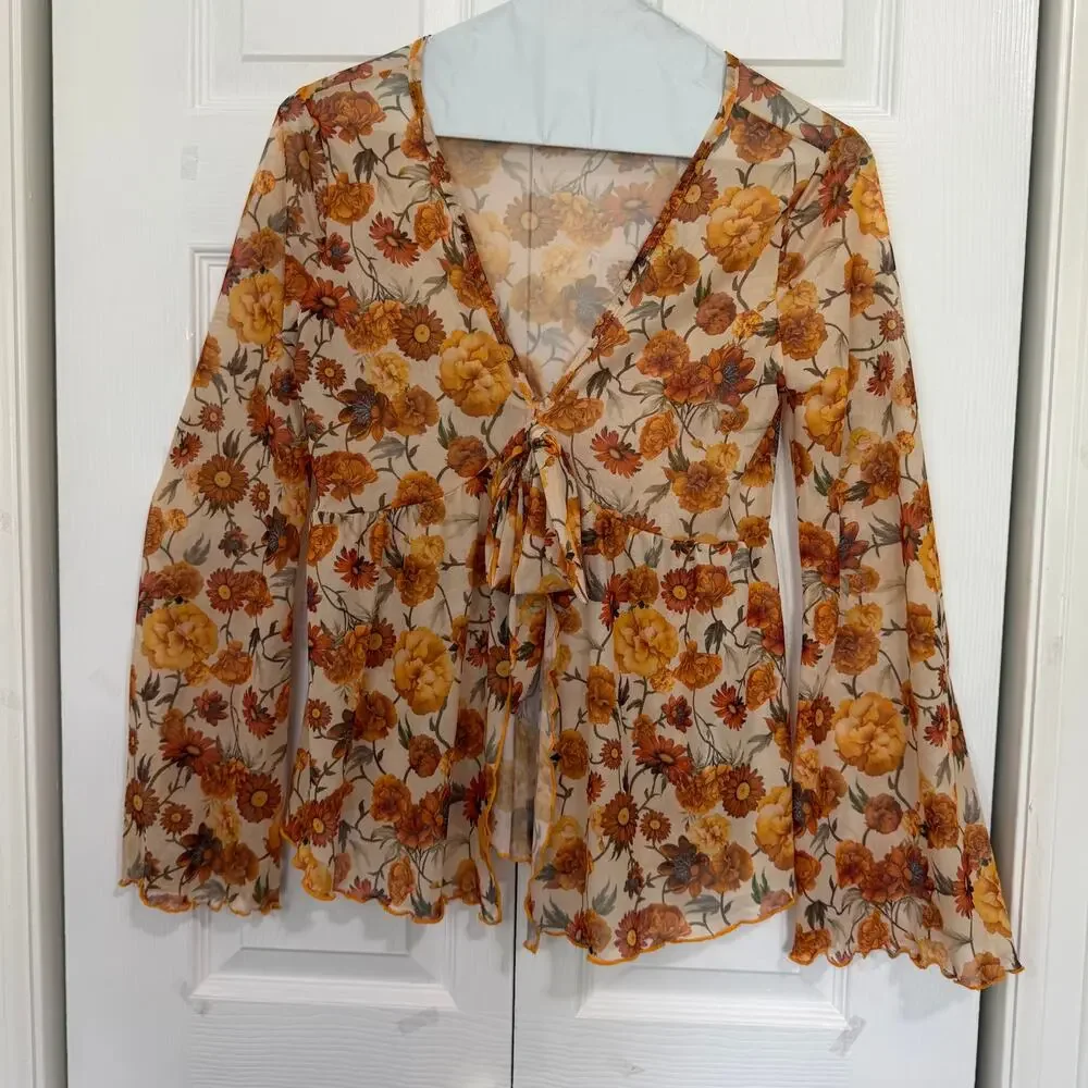 Floral Print V Neck Long Sleeve Bow Tie Front Sheer Blouse Top